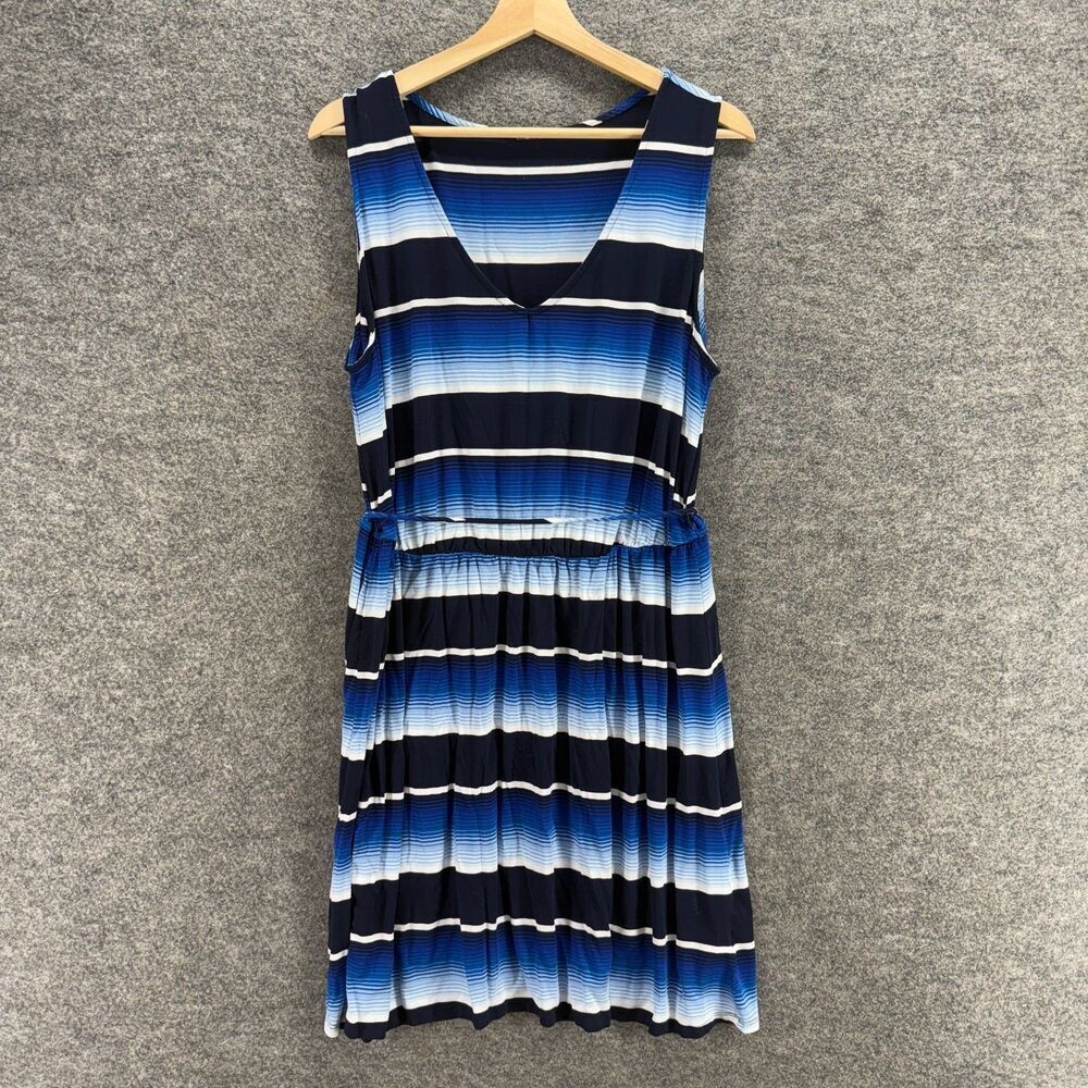Unbranded Dress Women M Medium Blue Striped Sheath Midi V-Neck Sleeveless Casual